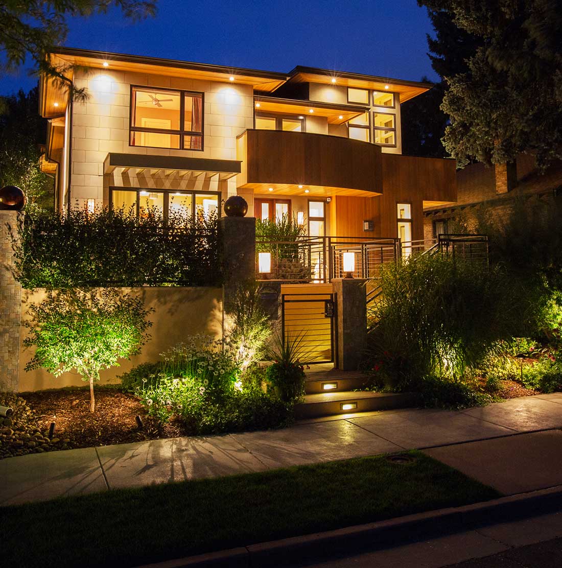 Residential home with exterior and interior automated lighting system